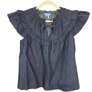 Draper James Dark Wash Denim Flutter Sleeve Ruffle Tie Neck Top TOD0320 Small